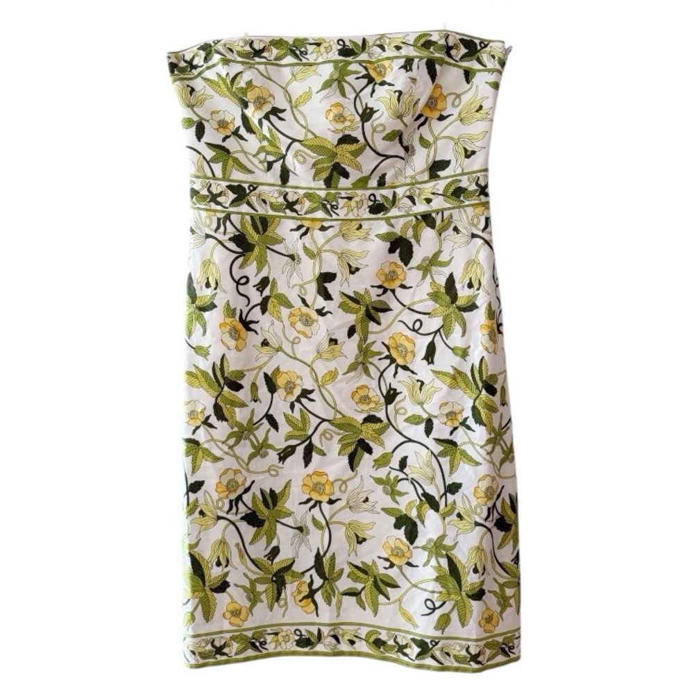 Ann Taylor Strapless Floral Sheath Dress in White, Yellow & Green